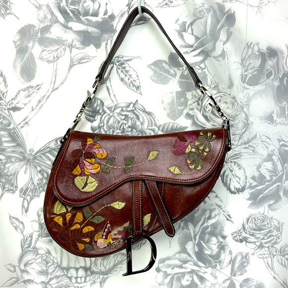 Christian Dior Vintage Y2k Era Brown Leather Embroidered Saddlebag Handbag - Picture 1 of 14